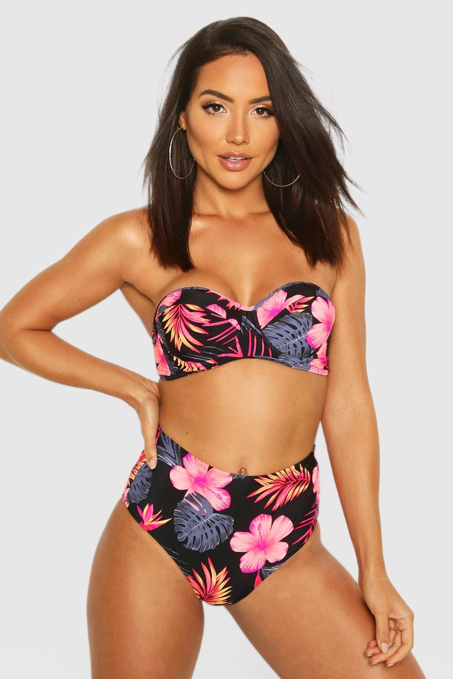 Bikini avec haut bustier et bas à imprimé fleuri, Noir image number 1
