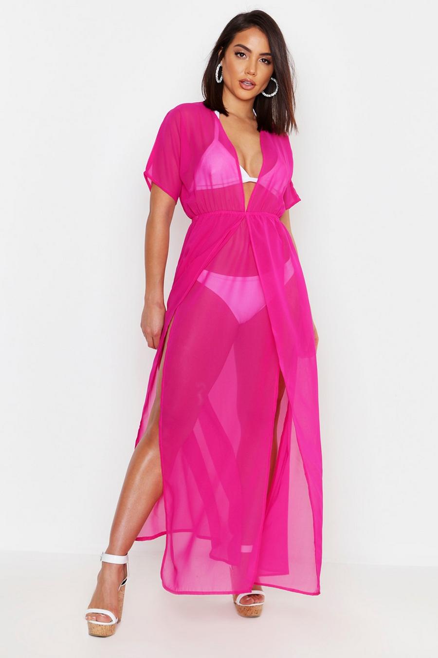 Maxi-Strandkaftan mit Schlitz, Himbeerrot