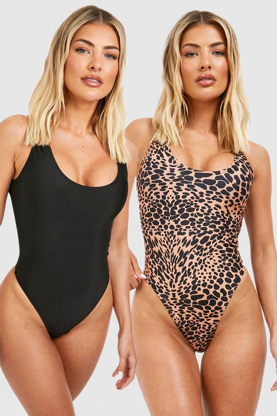 Black 2 Pack Print Plain Scoop Neck Swimsuit