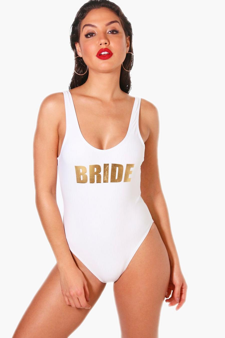 Bañador con escote redondeado y eslogan “Bride” image number 1