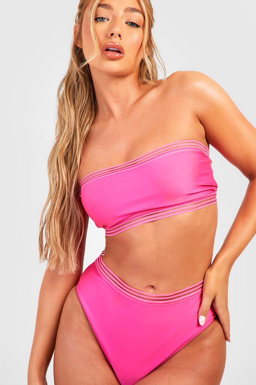 Bandeau-Bikini mit hohem Bund und Mesh-Detail, Pink image number 1
