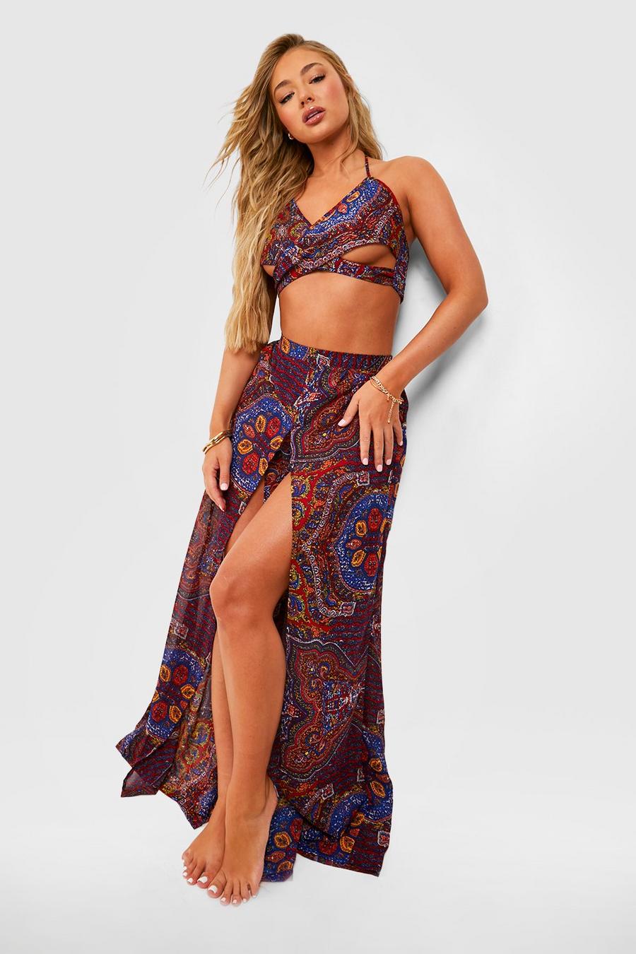 Red Paisley Crop Top & Split Trouser Beach Co-ord image number 1