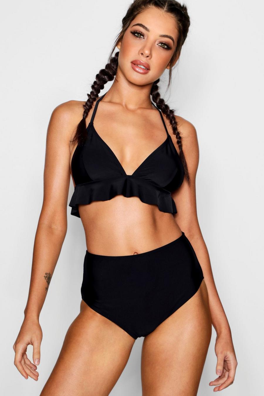 Bikini avec haut triangle à volants et bas taille haute, Noir
