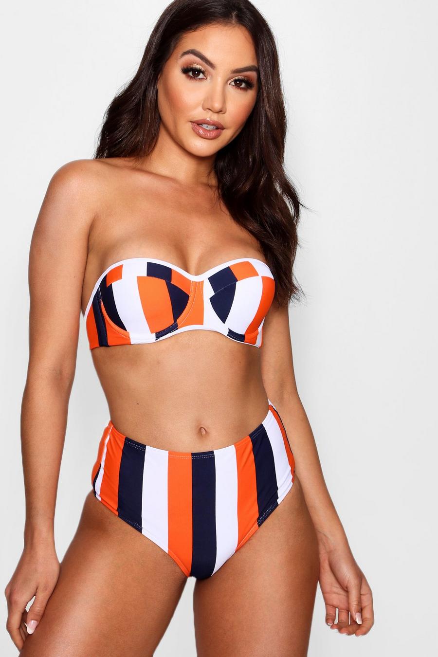 Bikini taille haute à armatures et rayures écolières, Orange image number 1