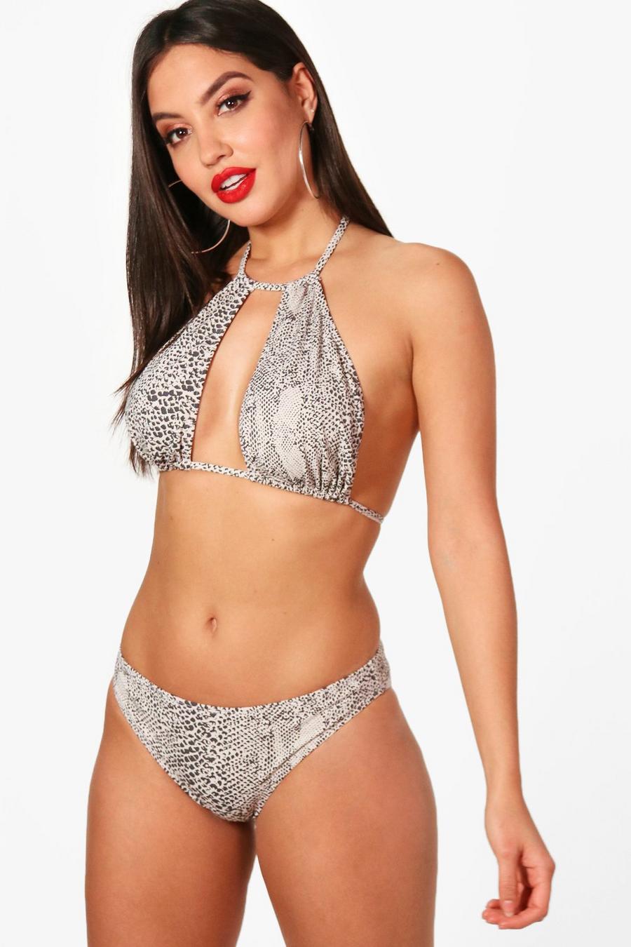 White Snake Print Halter Cut Out Bikini image number 1