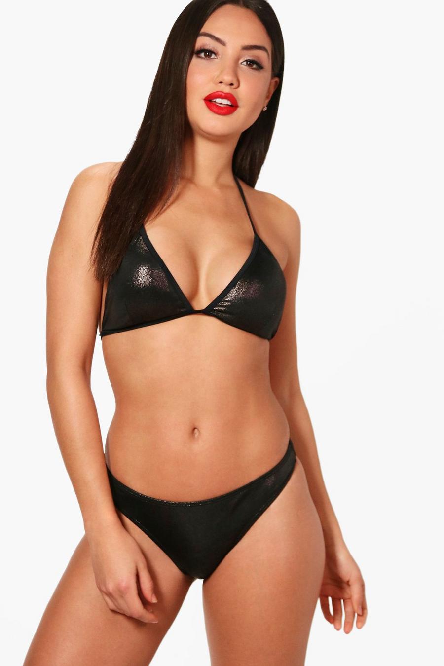 Formentera Wet Look Brazilian Thong Triangle Bikini, Black image number 1