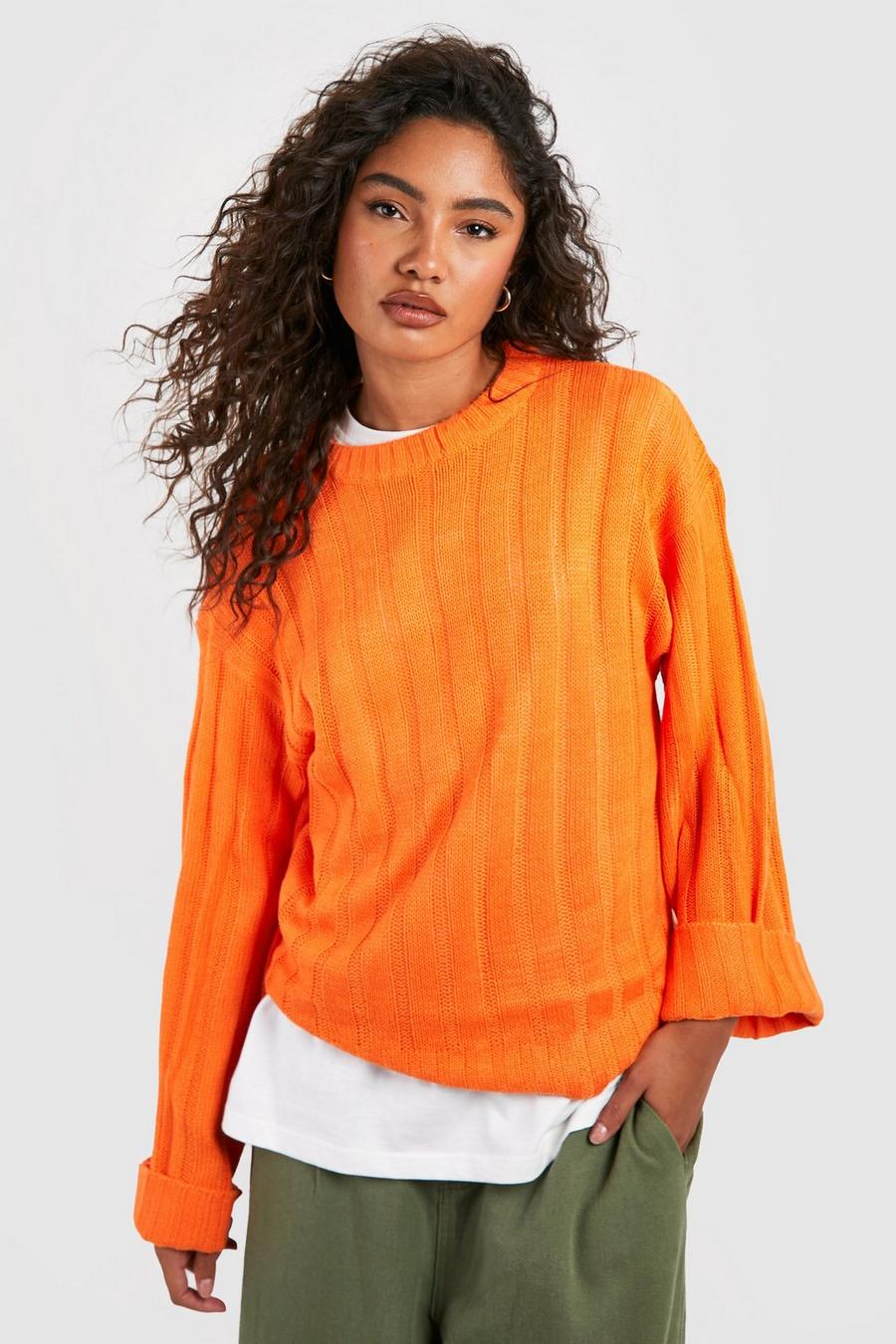 Orange Tall Ribbstickad tröja med uppvikt ärm 