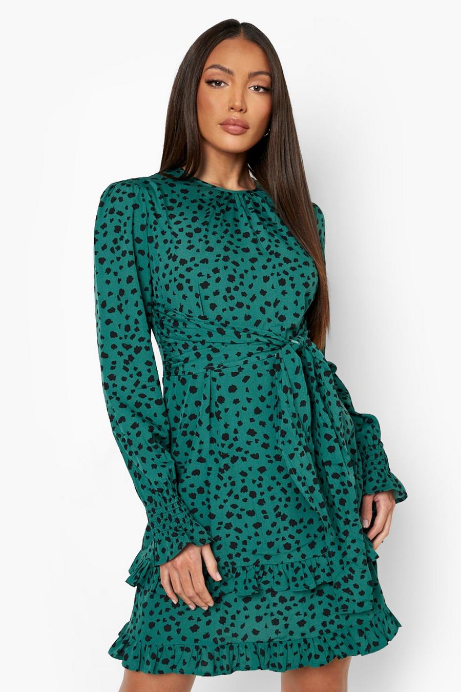 Green Tall Smudge Spot Print Frill Shift Dress