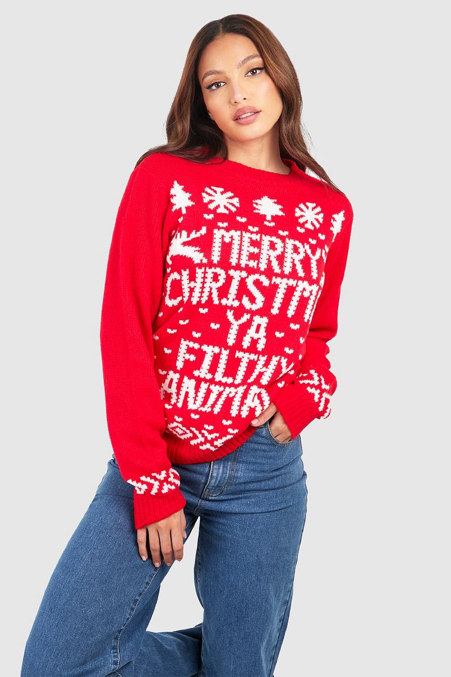Maglione Tall natalizio con slogan Filthy Animal, Red