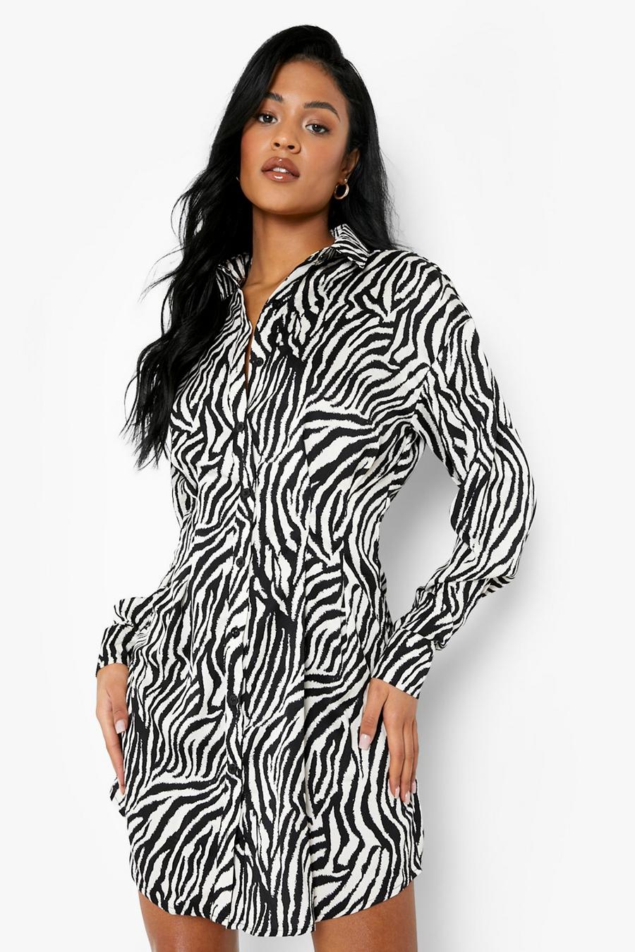Black Tall Zebra Print Cinched In Waist Shirt Dress image number 1