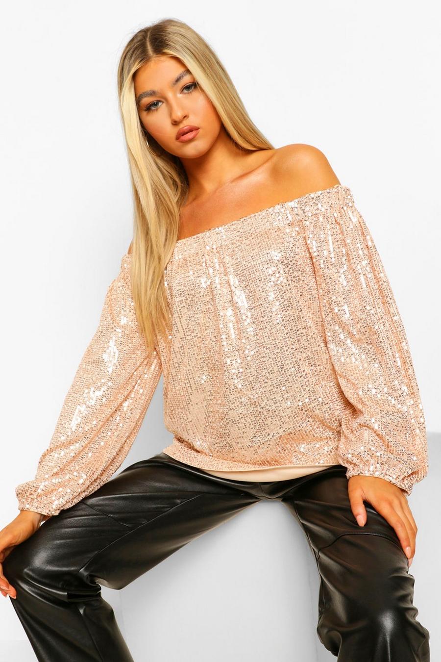 Gold Tall Sequin Off The Shoulder Long Sleeve Top
