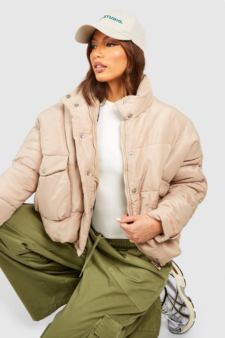 Taupe Tall Padded Oversized Cropped Puffer Jacket image number 1