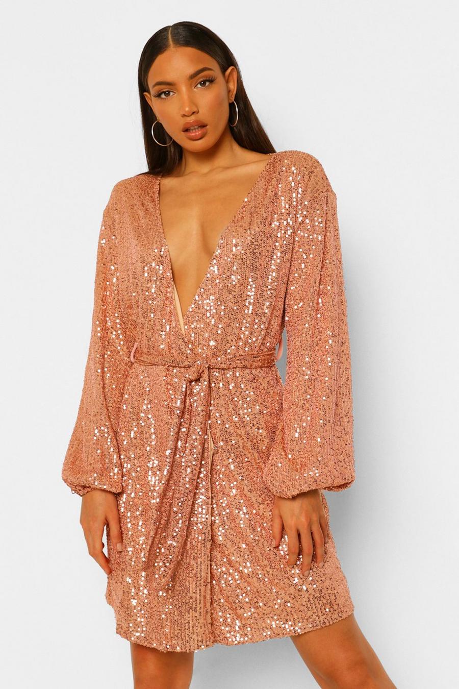 Gold Tall Belted Sequin Dress image number 1