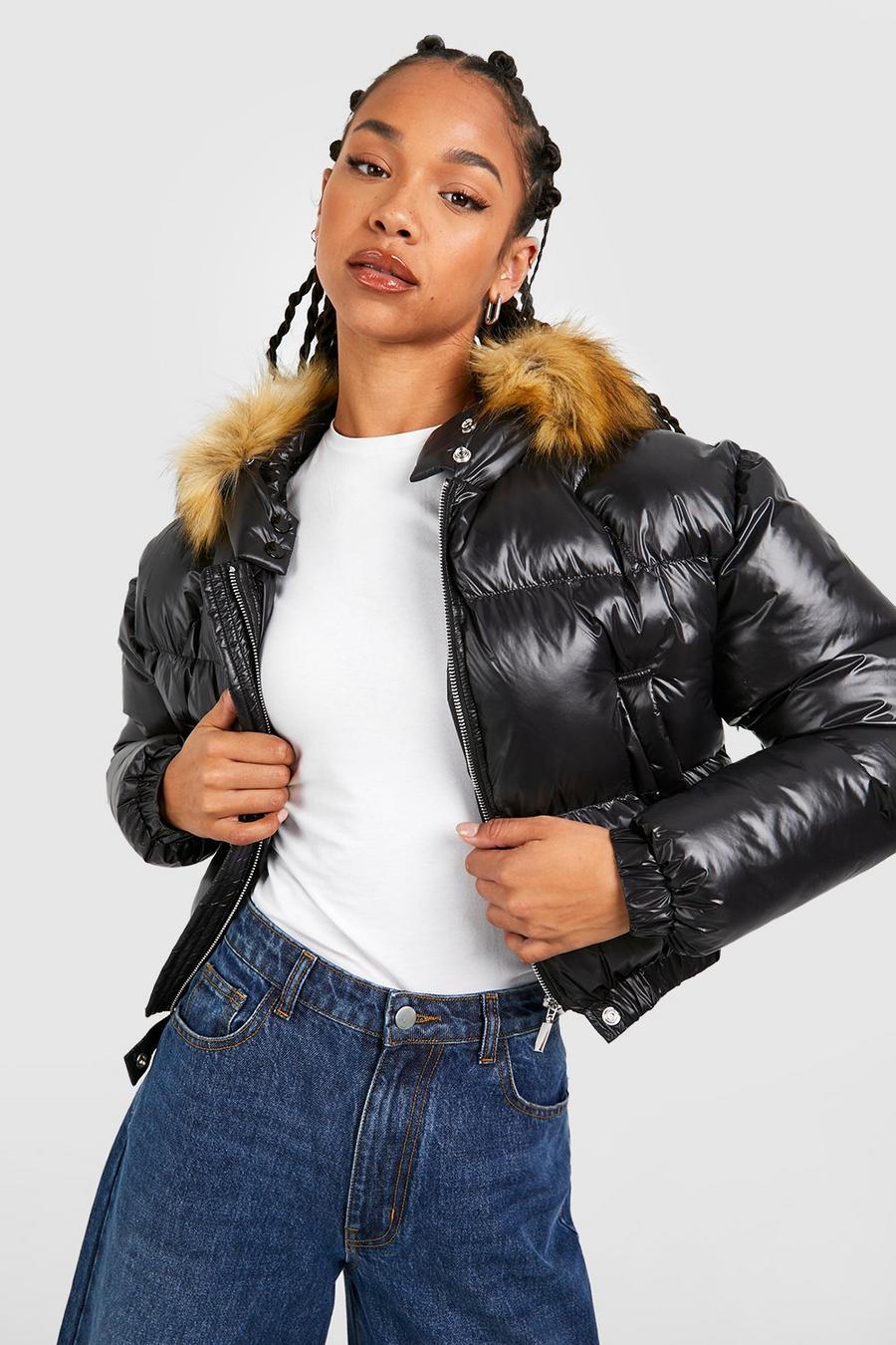Black Tall Faux Fur Hooded Crop Padded Coat image number 1