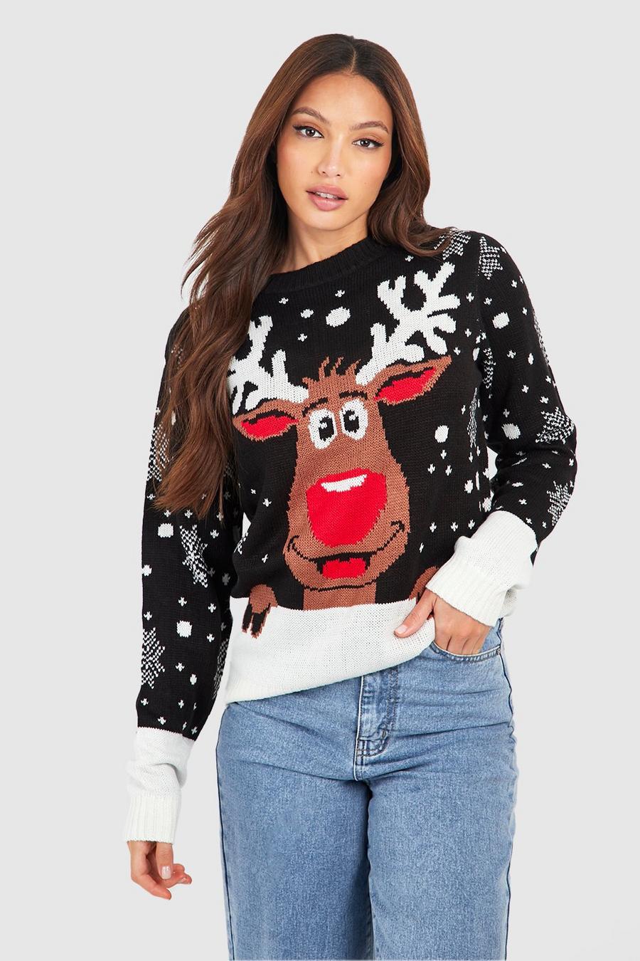 Vestido jersey Tall navideño con renos, Negro
