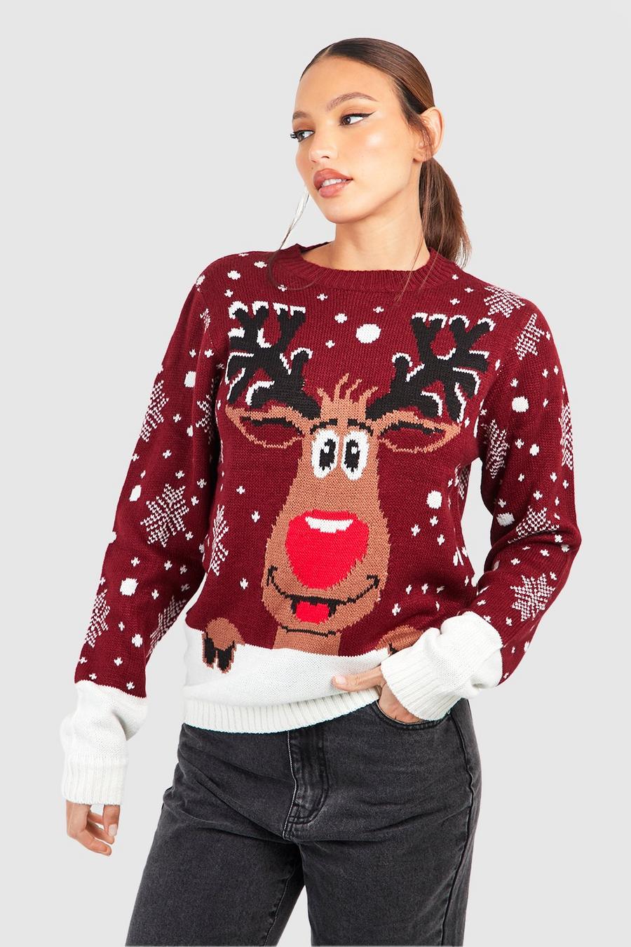 Vestido jersey Tall navideño con renos, Vino image number 1