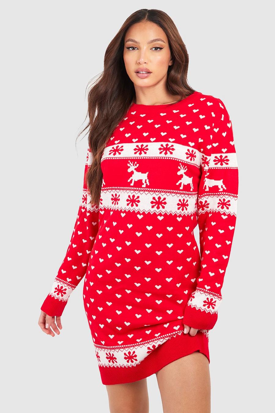 Vestido jersey Tall navideño con estampado de renos y muñecos de nieve, Rojo