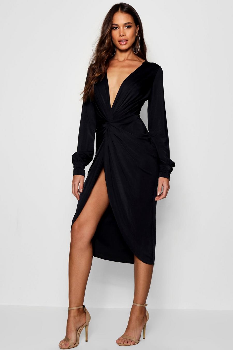 Black Tall Midiklänning i glansigt material med tvinnad design image number 1