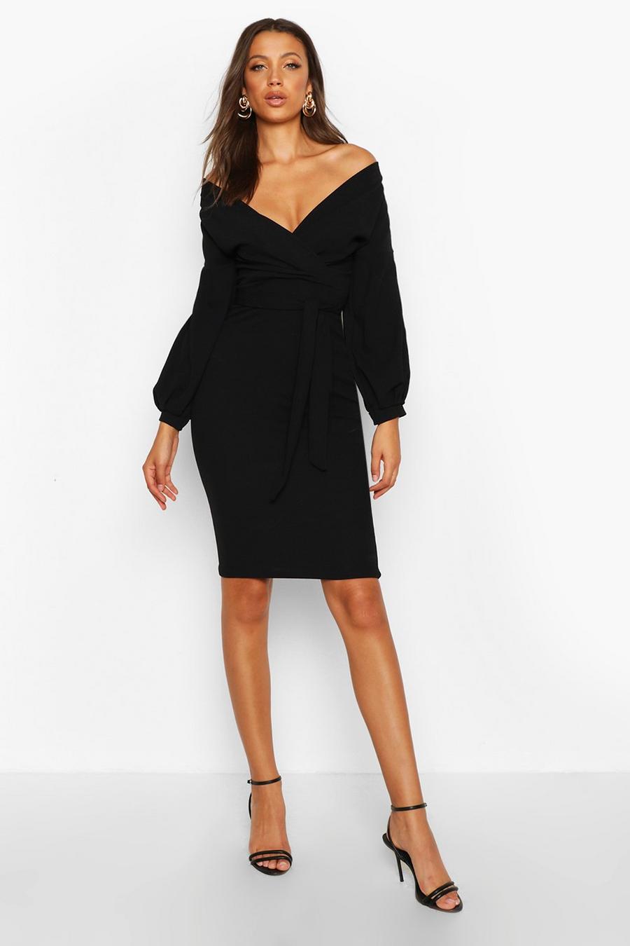 Black Tall Off The Shoulder Wrap Midi Bodycon Dress image number 1