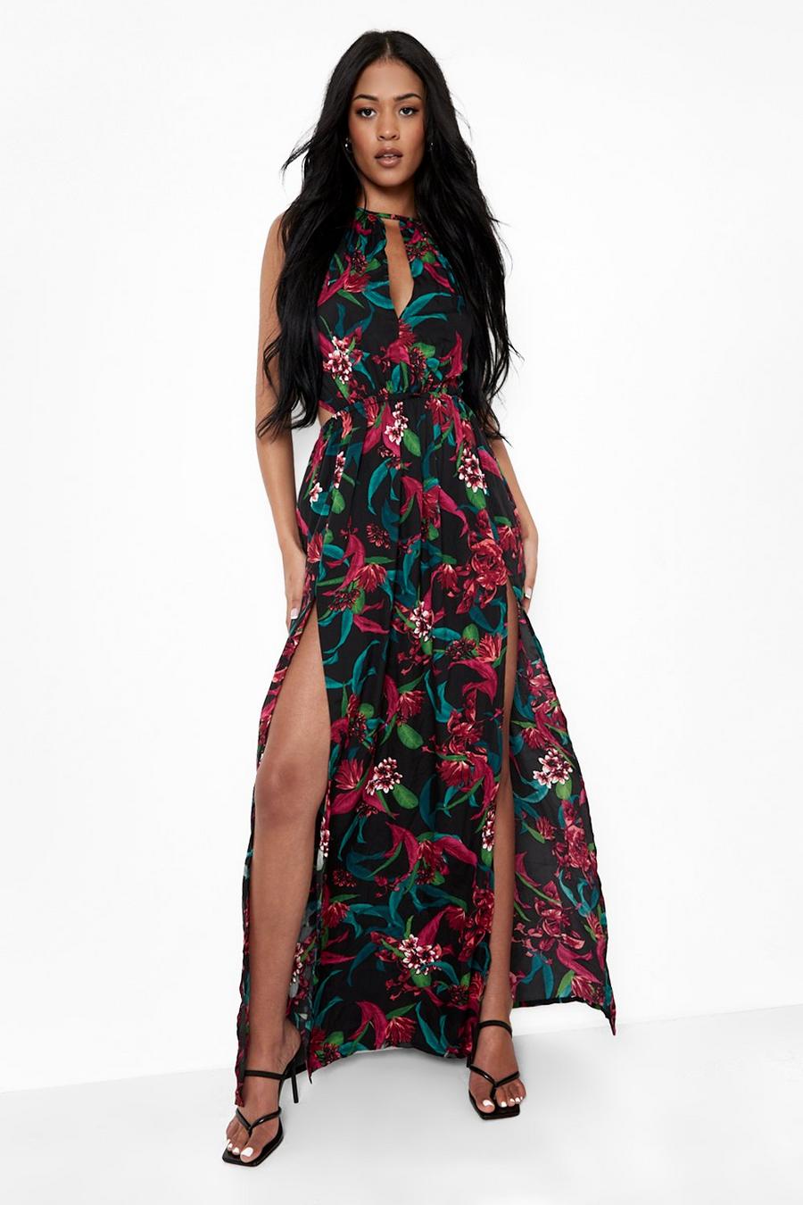 Hot pink Tall Backless Tropical Maxi Dress image number 1