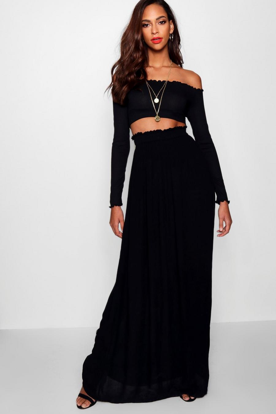 Black Tall Woven Shirred Waist Maxi Skirt