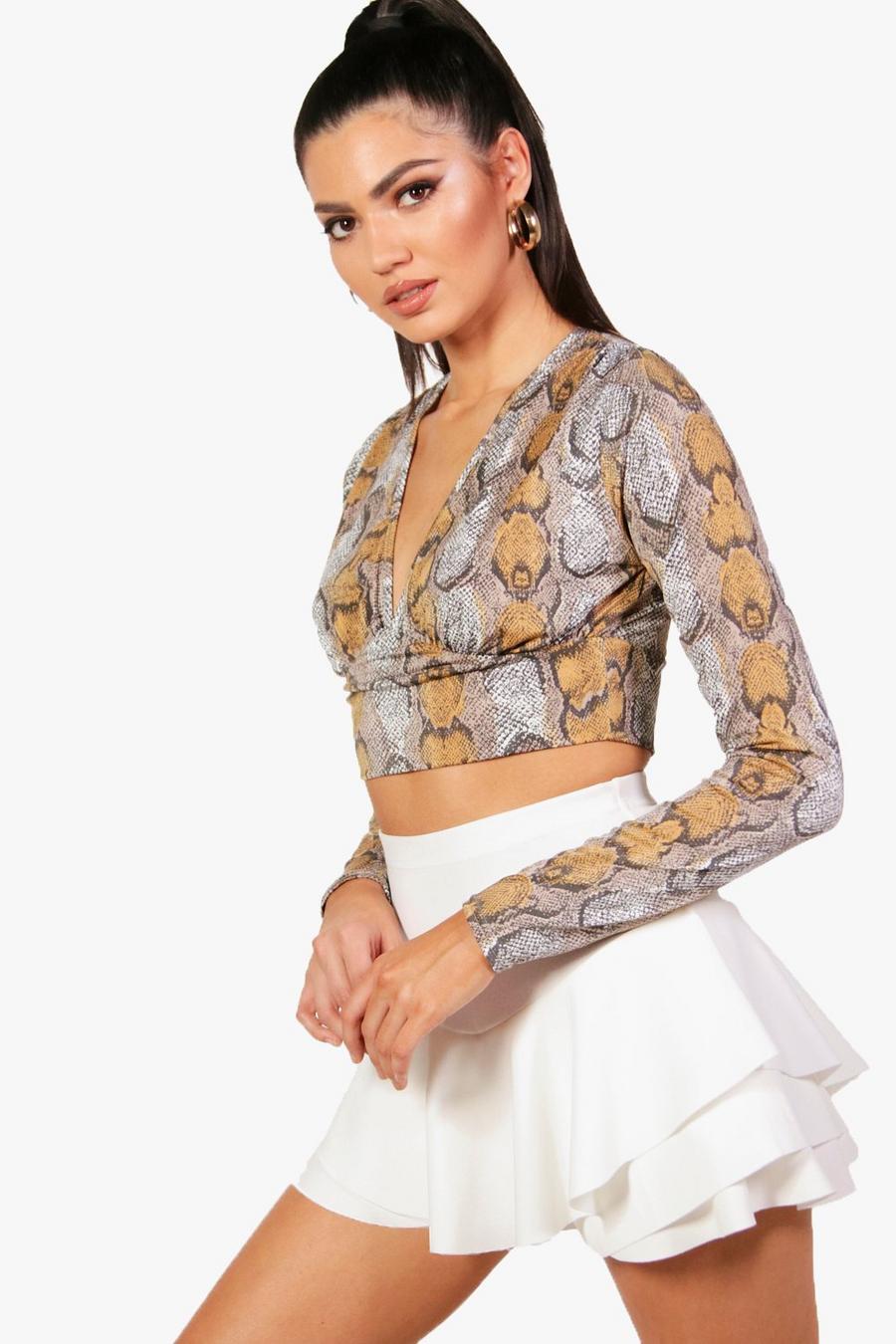 Brown Tall Snake Print Plunge Crop Top image number 1