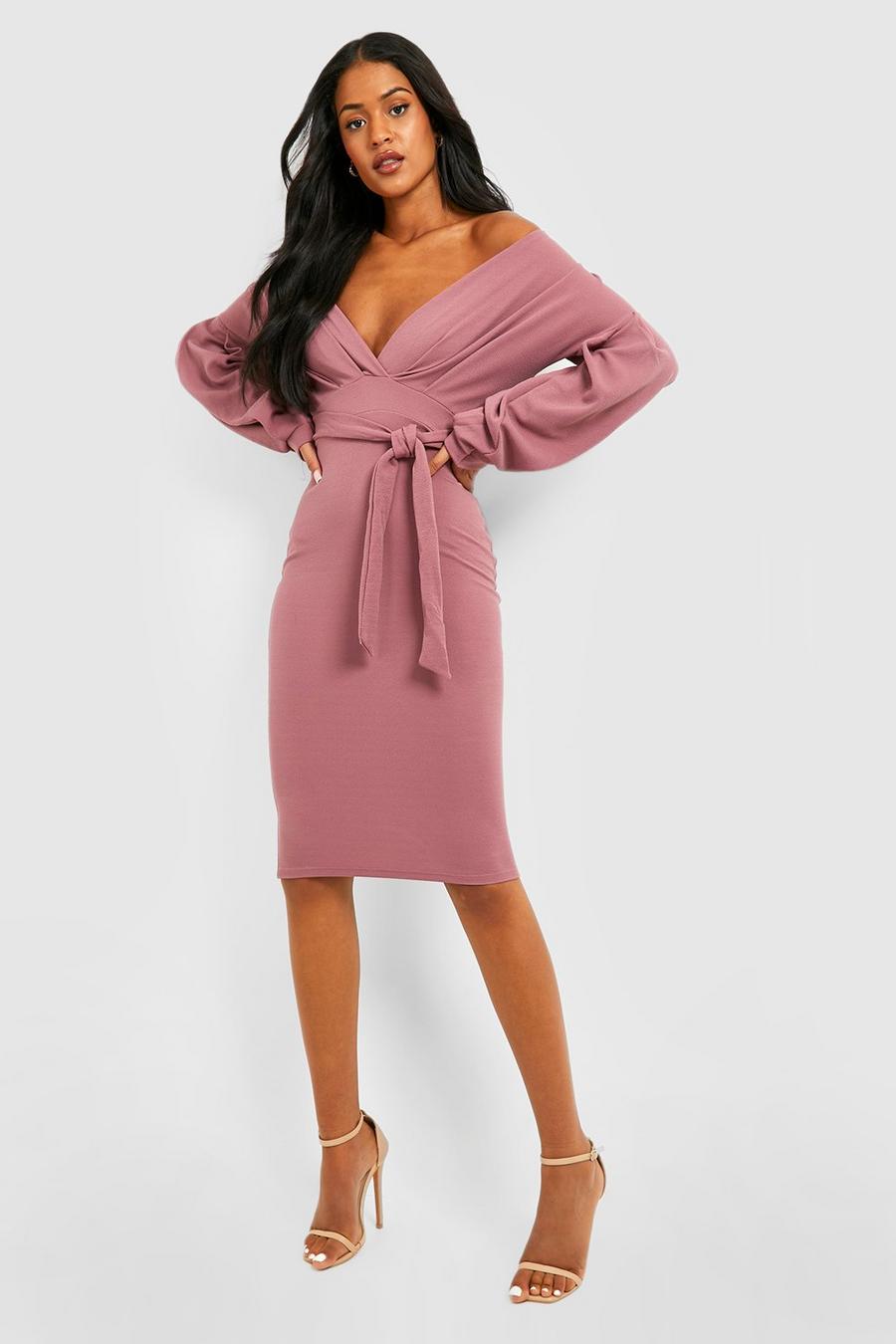 Mink Tall Off The Shoulder Wrap Midi Bodycon Dress image number 1