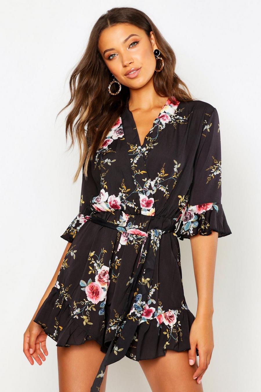 Black Tall Floral Ruffle Detail Playsuit image number 1