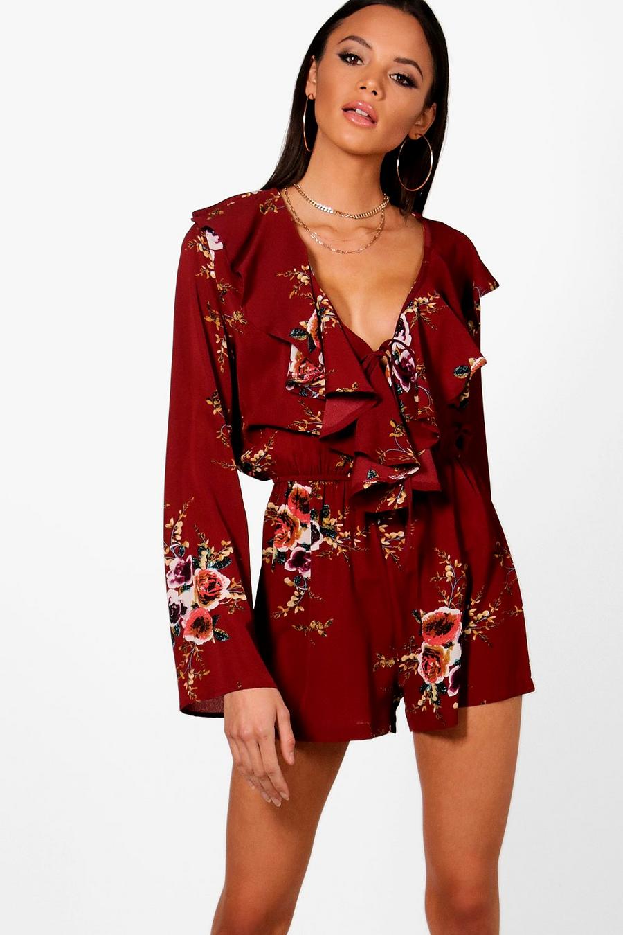 Brick red Tall Bloemen Playsuit Met Ruches image number 1