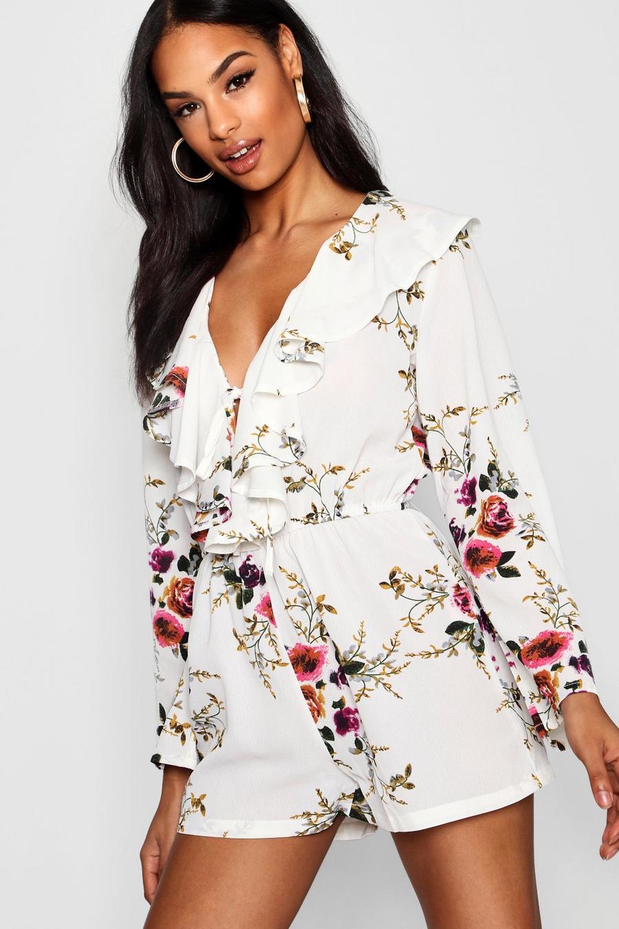 Ivory Tall Bloemen Playsuit Met Ruches image number 1