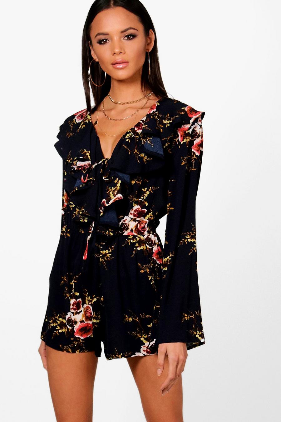 Navy Tall Ruffle Front Floral Romper image number 1