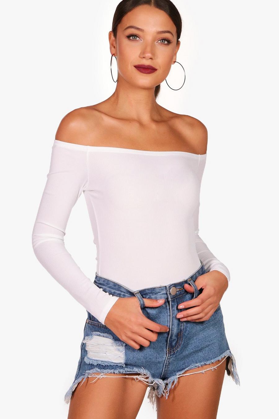 White Tall Rib Off The Shoulder Bodysuit image number 1