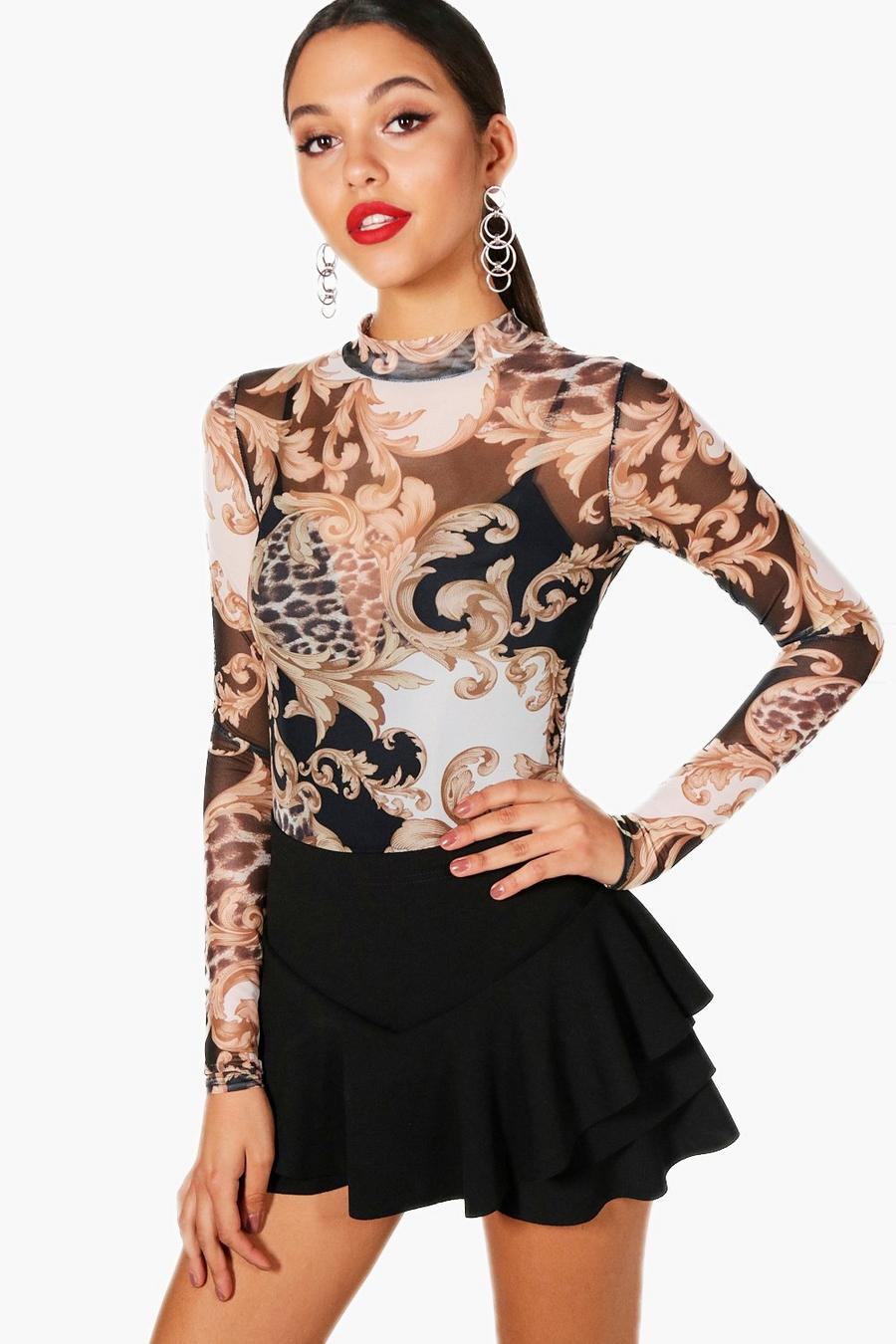 Tall Amy Scarf Print Mesh Bodysuit image number 1