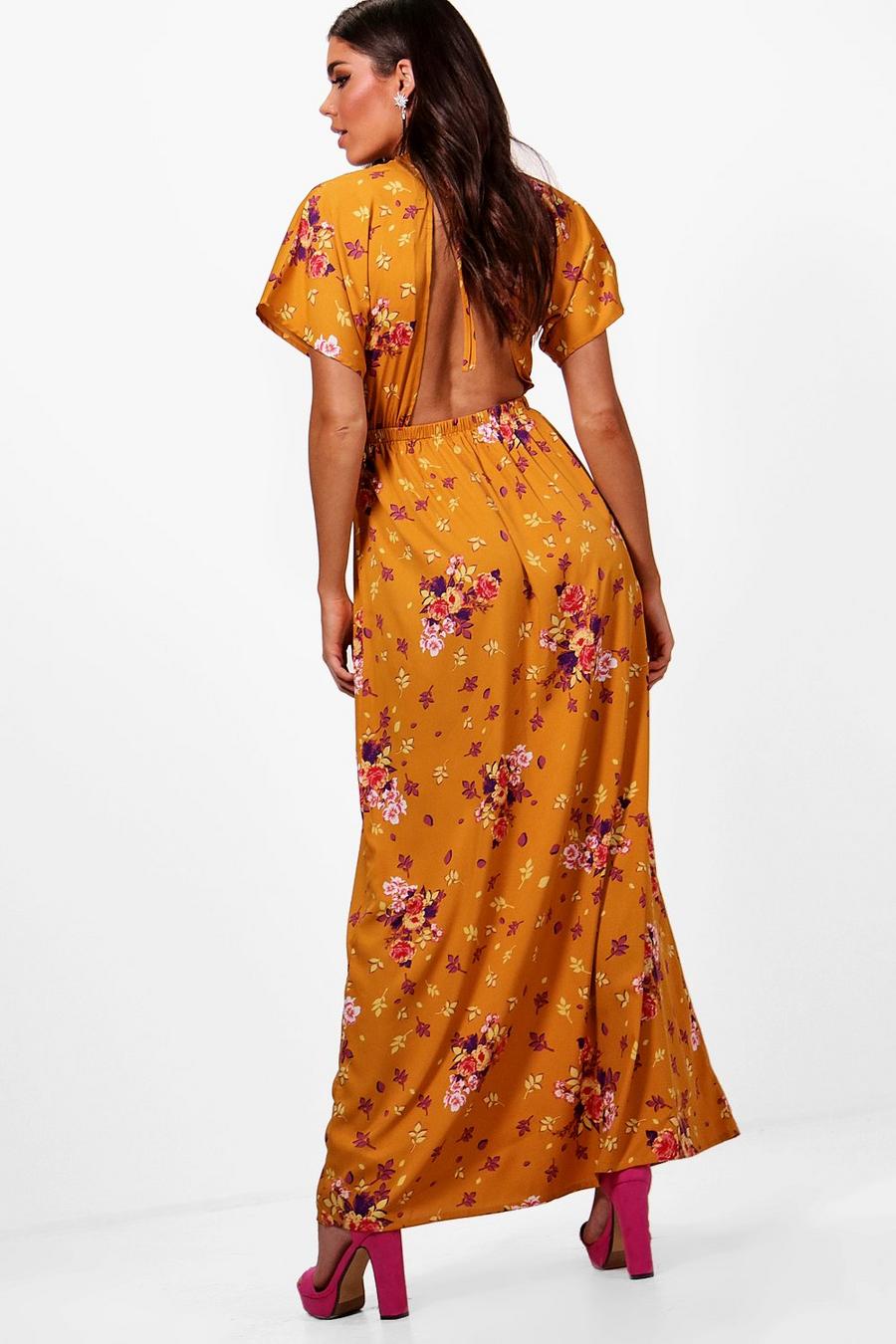 Tall Open Back Floral Maxi Dress, Mustard image number 1