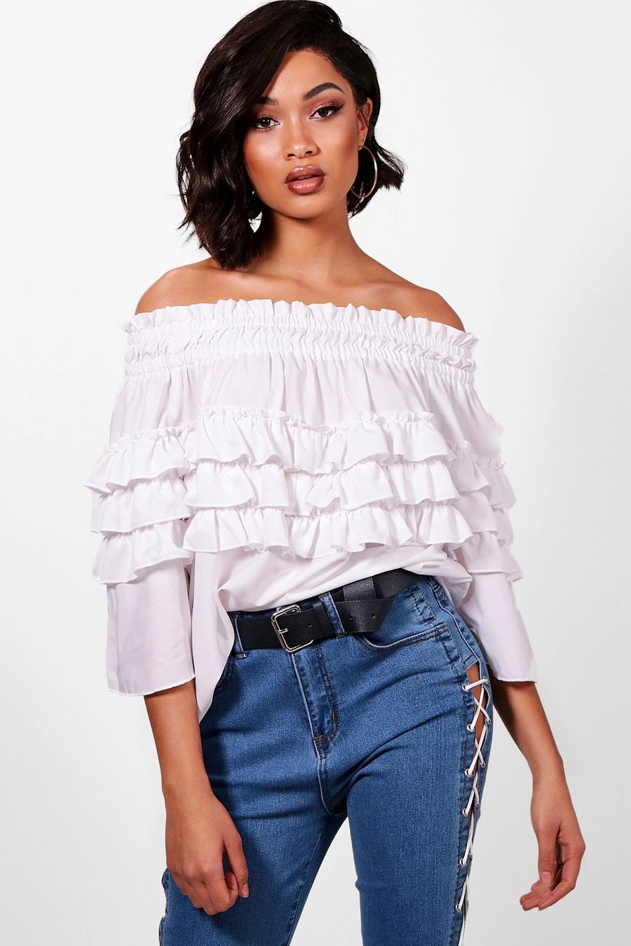 White Tall Micro Ruffle Off The Shoulder Top image number 1