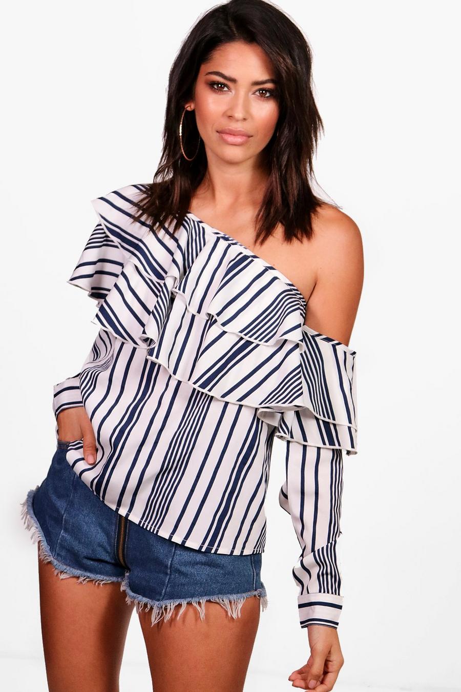 White Tall One Shoulder Stripe Ruffle Top image number 1