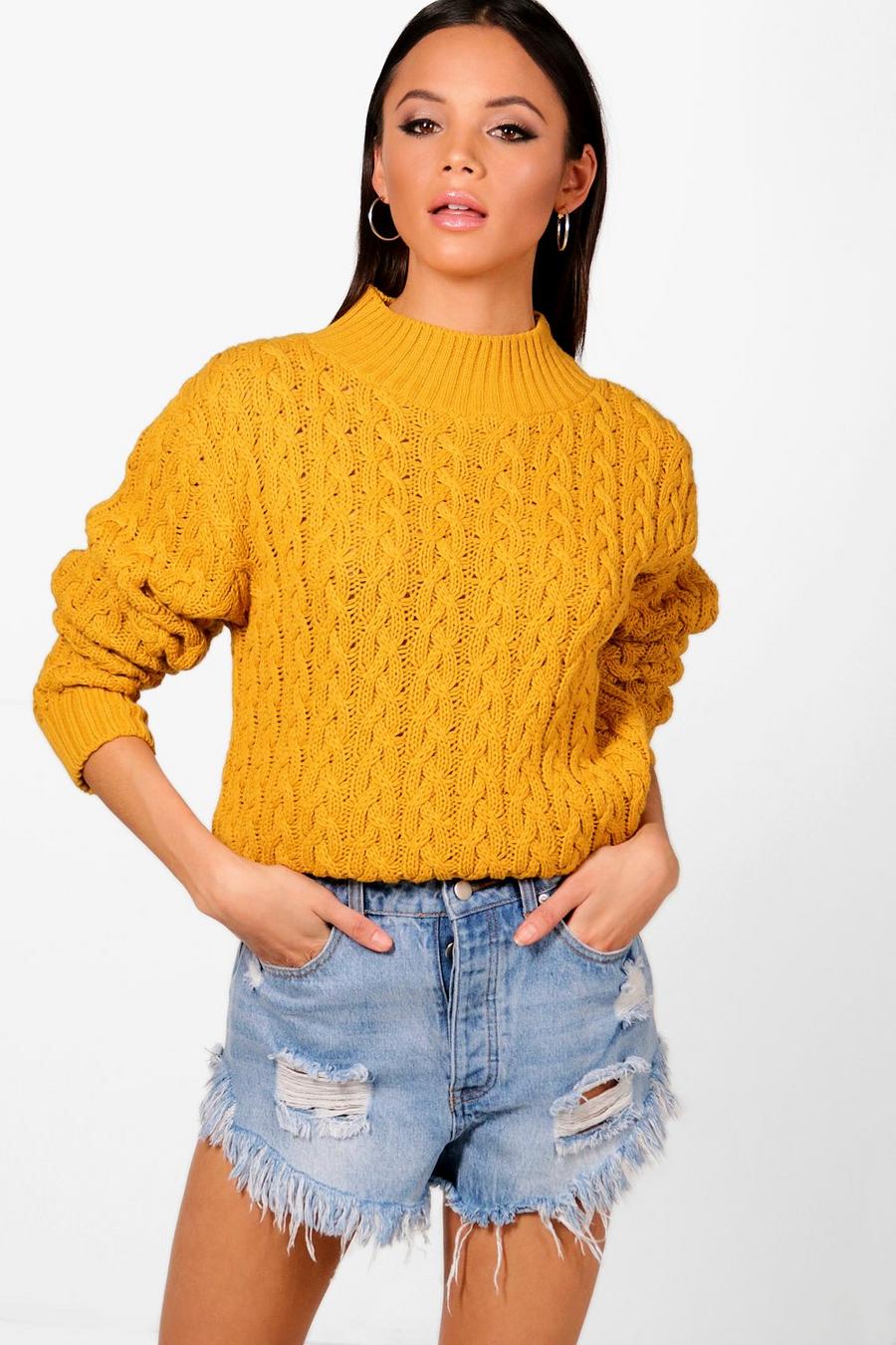 Mustard Tall Cable Knit Jumper image number 1