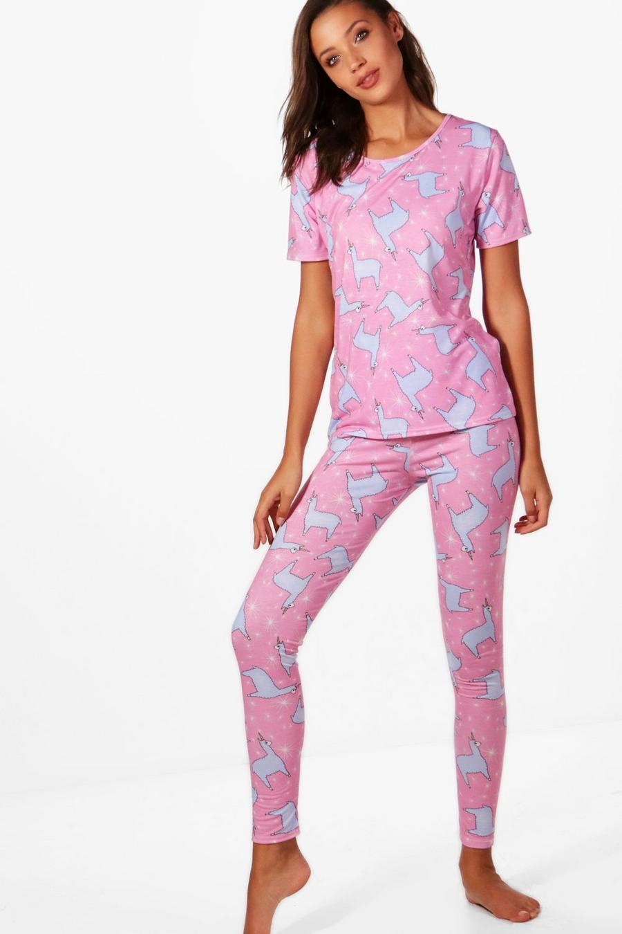 Pink Tall Lama Printed Pajama Set image number 1