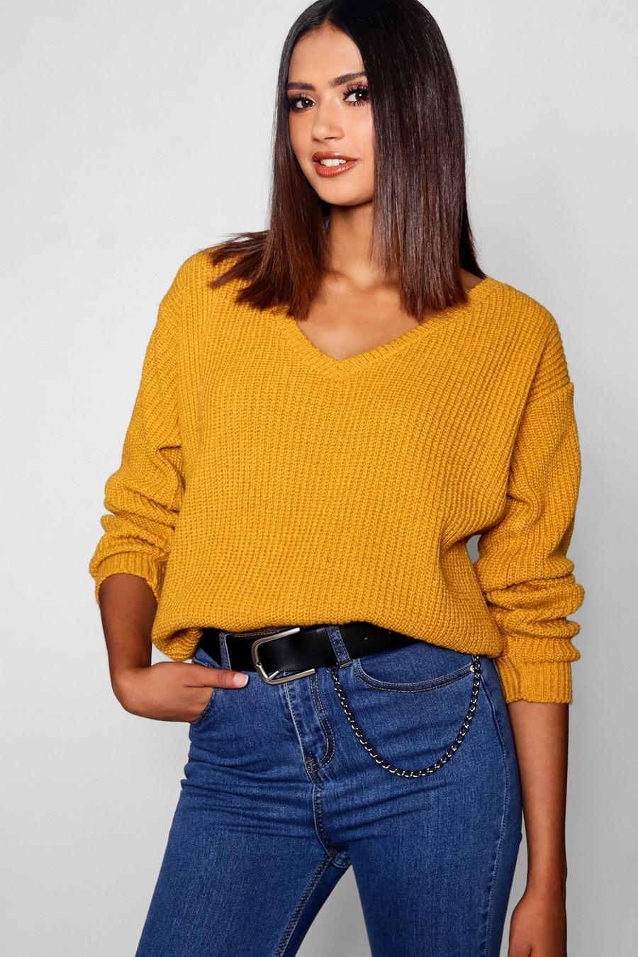 Tall übergroßes V-Ausschnitt Pullover mit Front, Mustard image number 1