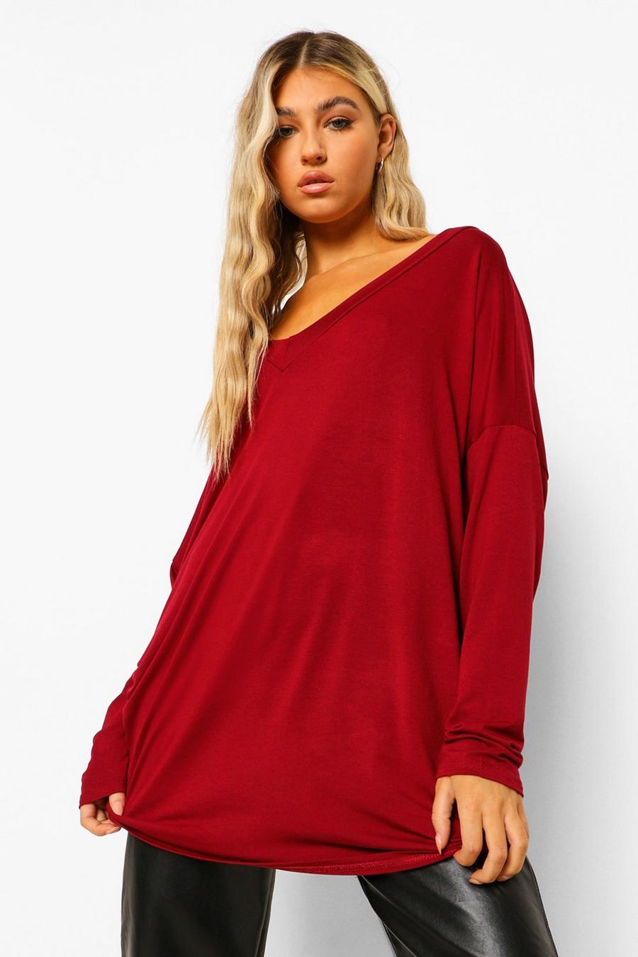 Wine Tall Basic Oversized Long Sleeve Top image number 1