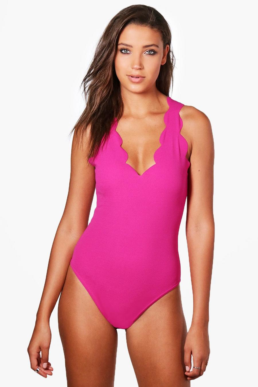 Fuchsia Tall Scallop Edge Plunge Textured Bodysuit image number 1