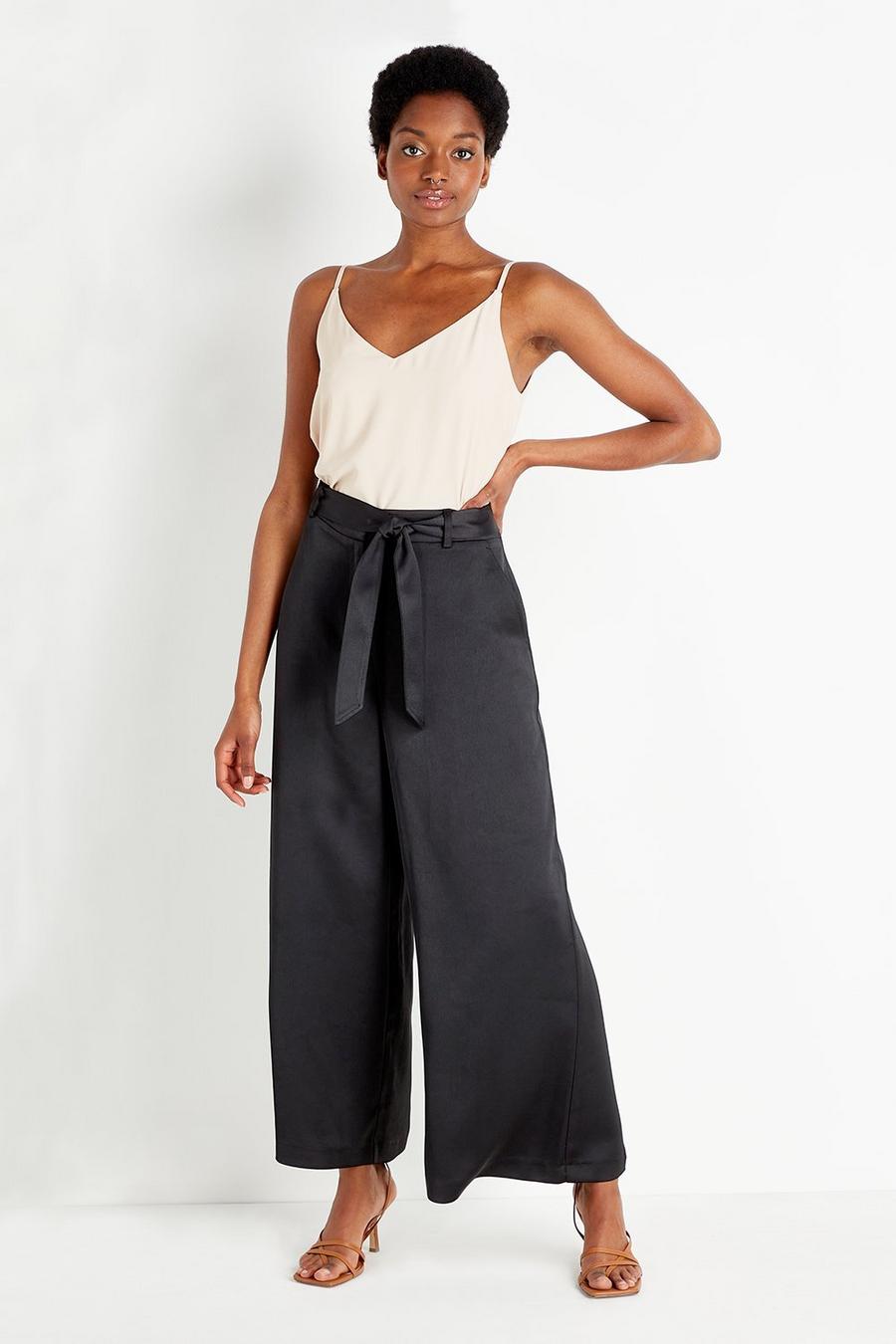 Petite Satin Belted Wide Leg Trouser