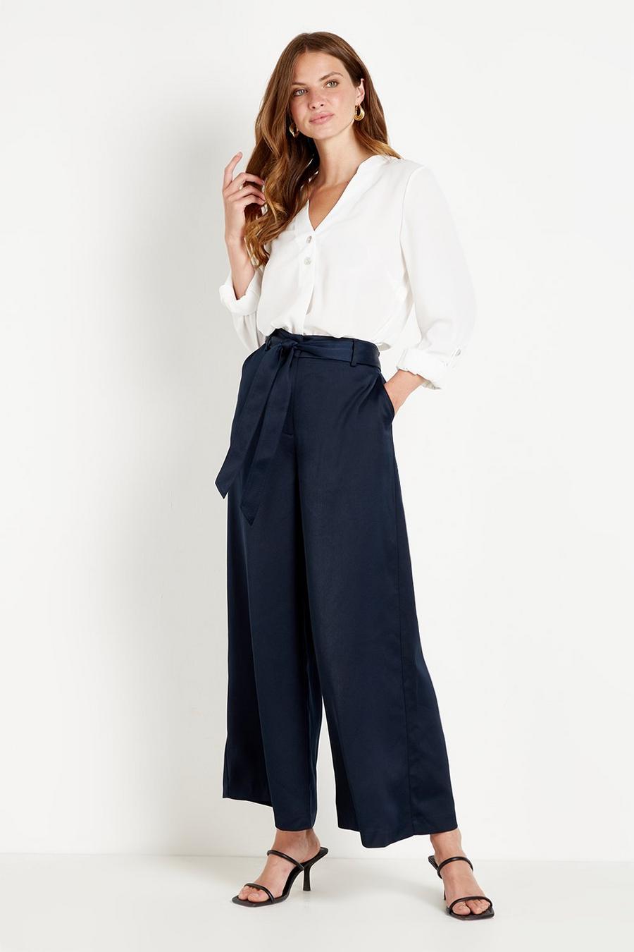 Petite Satin Belted Wide Leg Trouser