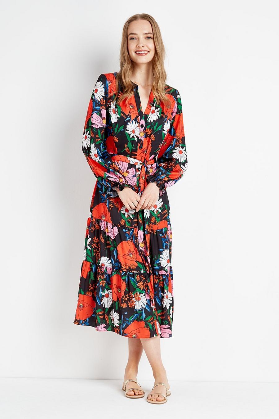 Poppy Print Tiered Midi Shirt Dress