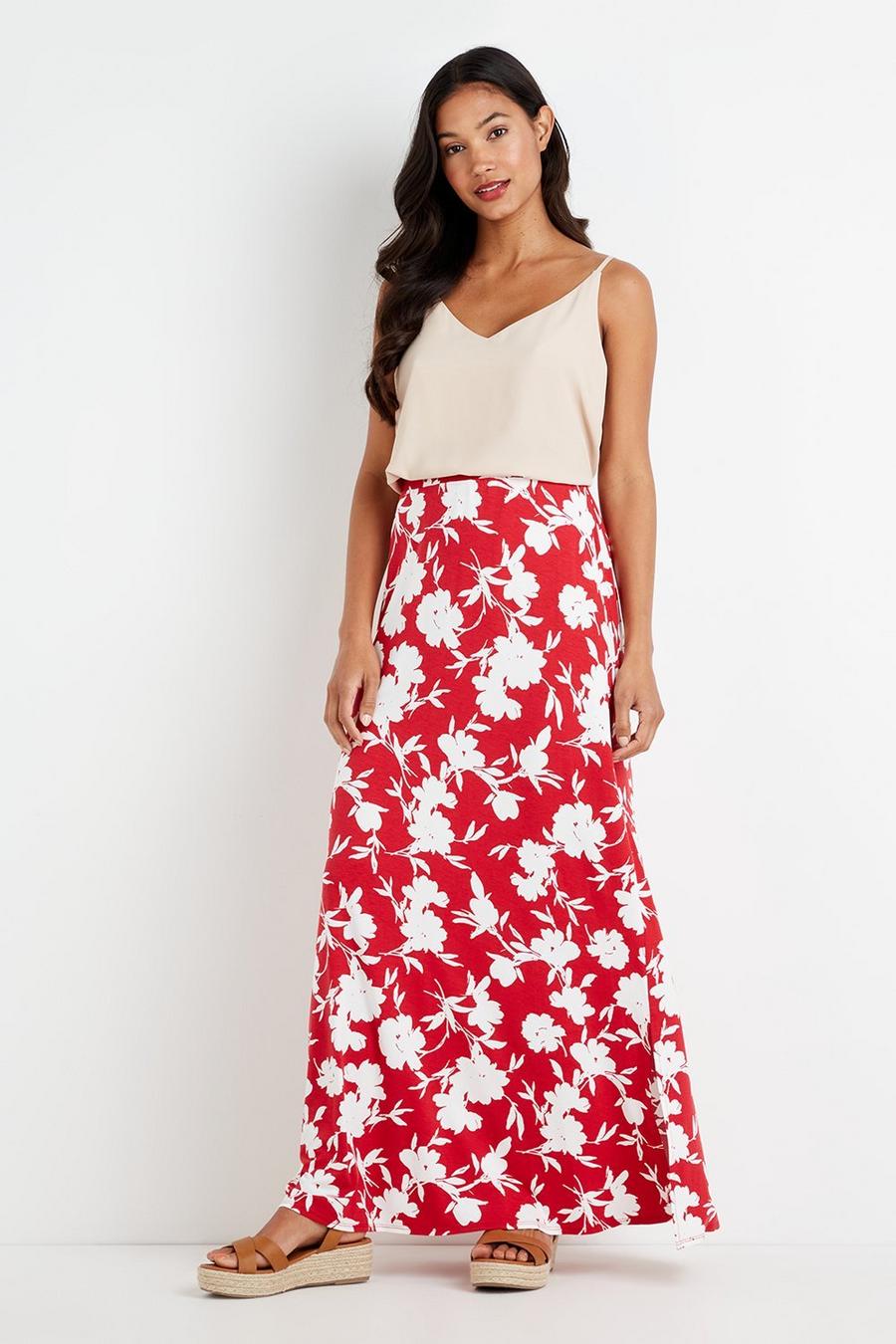 Red Floral Jersey Maxi Skirt