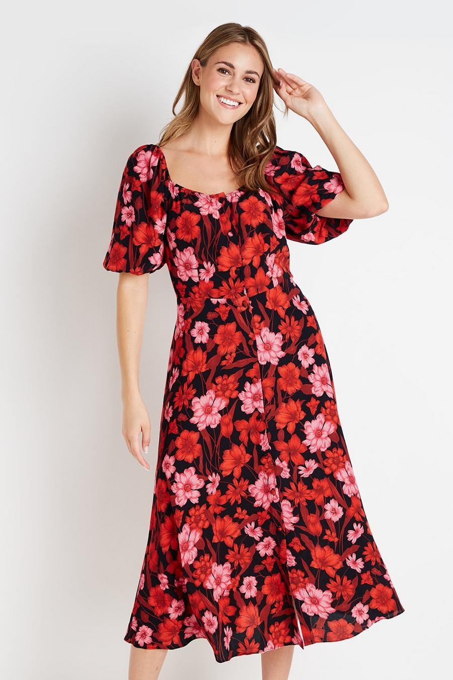 Black and Red Floral Square Neck Dress