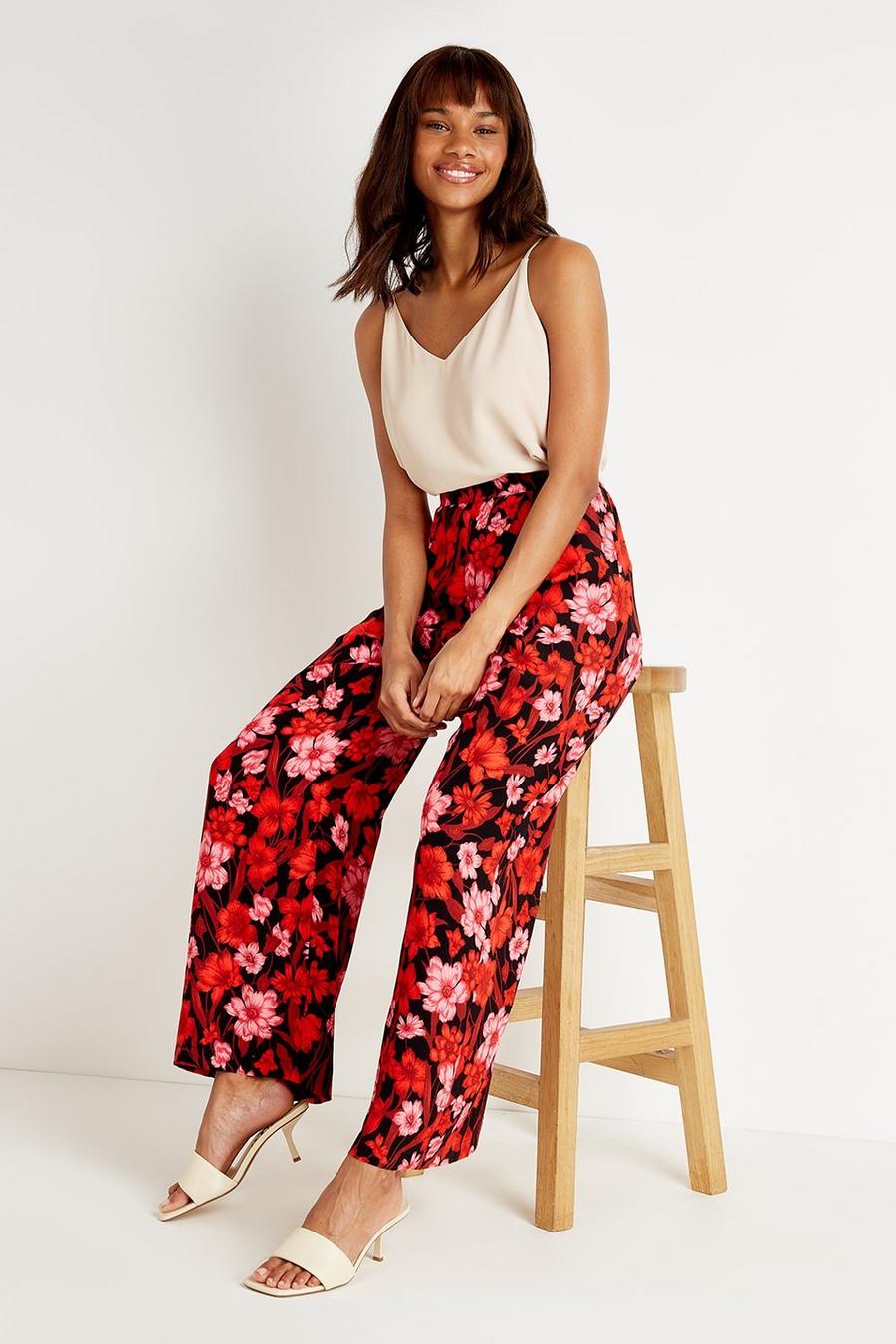 Tall Black Red Pink Floral Wide Leg Trouser