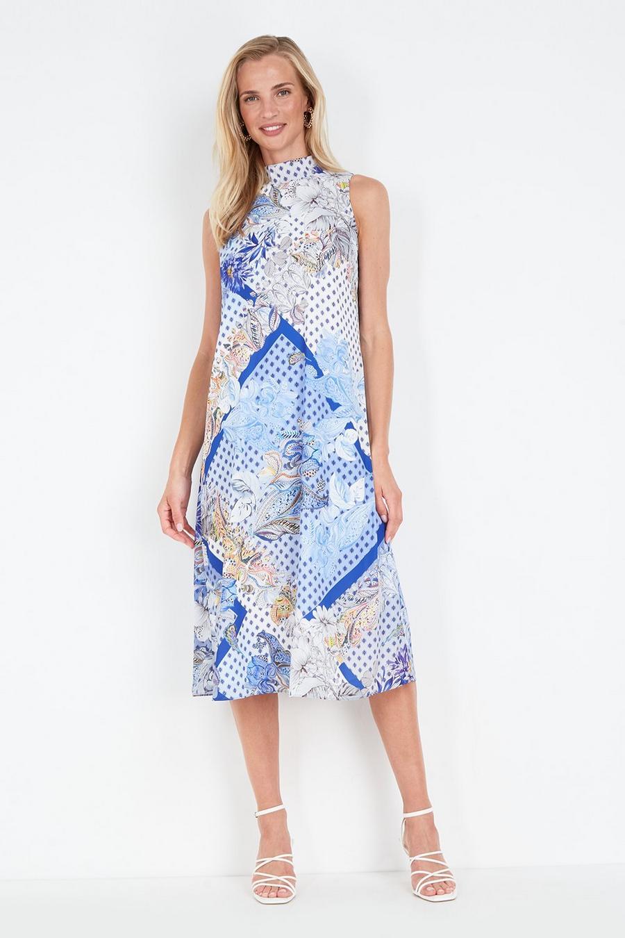 Blue Paisley Scarf Print Halter Midi Dress