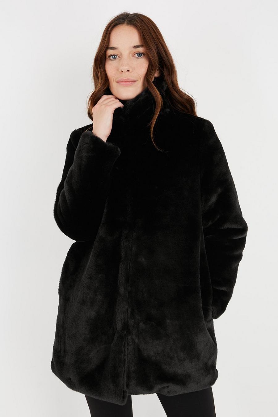 Petite Black Faux Fur Midi Coat