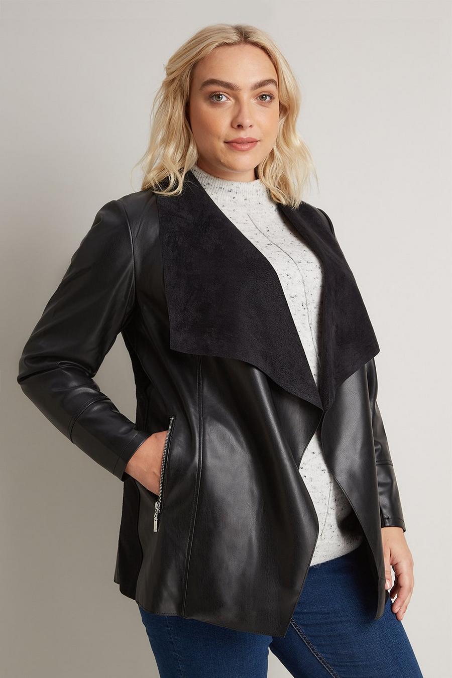 Curve Black Faux Leather Waterfall Jacket